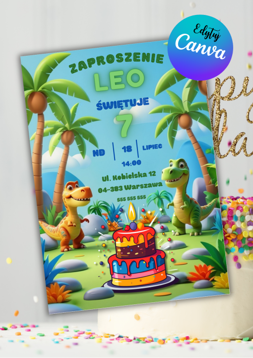 Zaproszenie edytuj canva dinozaury szablon.png