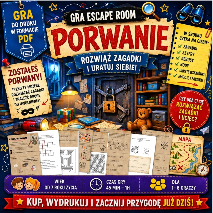 Mały detektyw i Tajemniczy Porwanie Gra do druku poszukiwanie skarbu.